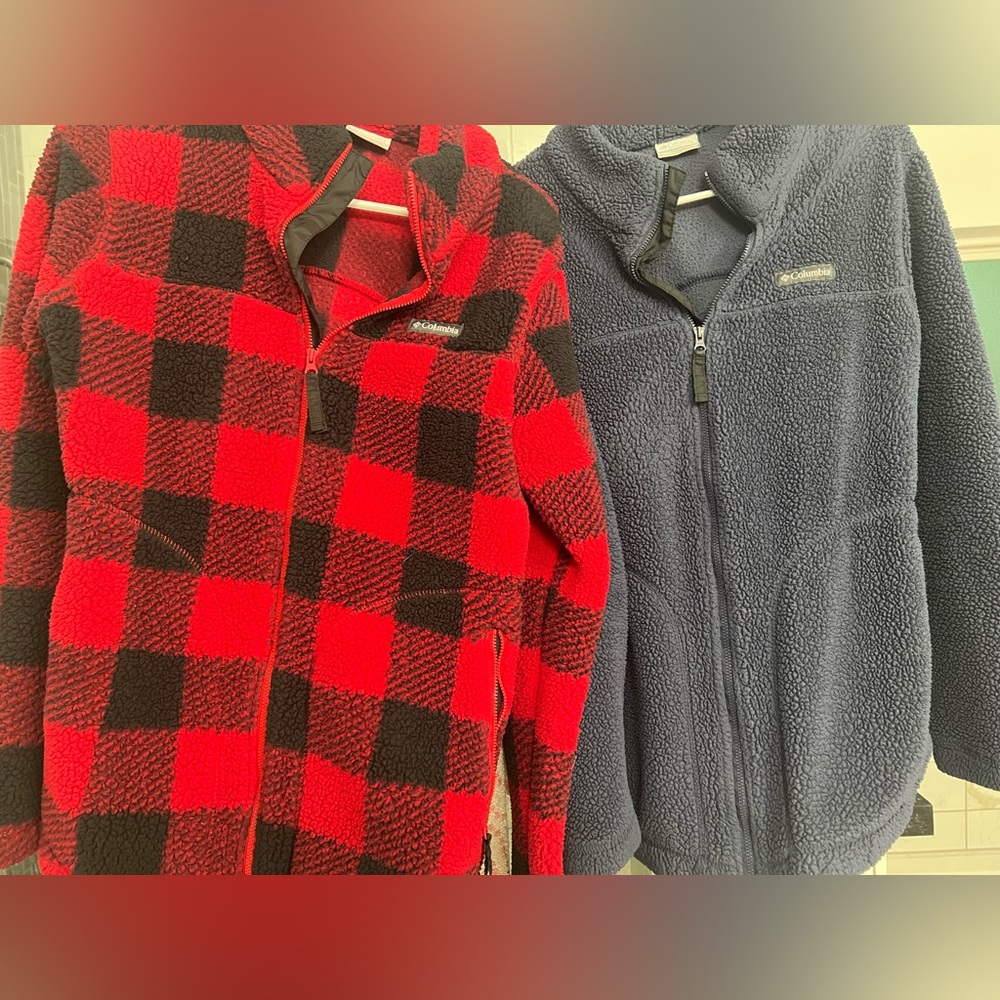 2 Columbia Red & Black Buffalo Plaid Fleece and Navy Sherpa Jacket Set